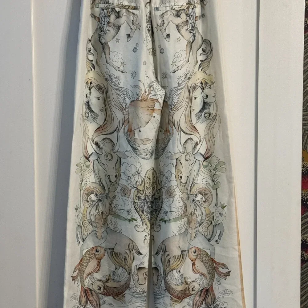 Zara Cream and Tan Illustrated Wide-Leg Trousers - Picture 6 of 6